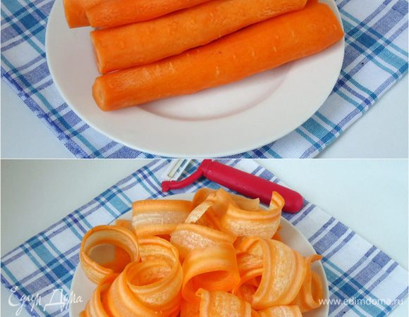 Для банта:  Морковь очистить, для всего рецепта потребуется примерно 800 грамм моркови. Выбрать две – три самые крупные моркови и нарезать овощечисткой тонкие длинные пластины.



