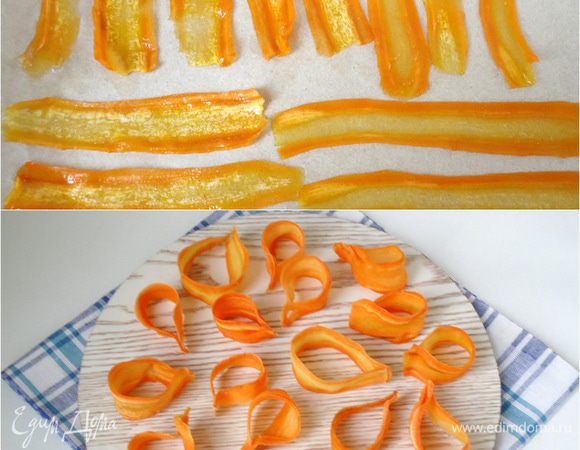 Разложить пластины на пекарскую бумагу или на бумажное полотенце, расправить. Дать пластинам засахариться. Когда они начнут подсыхать, свернуть в виде капли. Хотела бы отметить, сразу может показаться, что пластины очень мягкие и им нельзя придать форму капли, но, по прошествии 6-8 часов они начинают твердеть. Готовые пластины похожи на цукаты, вкусные и хрустящие. Если нет времени ждать долгое время, то можно ускорить процесс сушки пластин в духовом шкафу. 