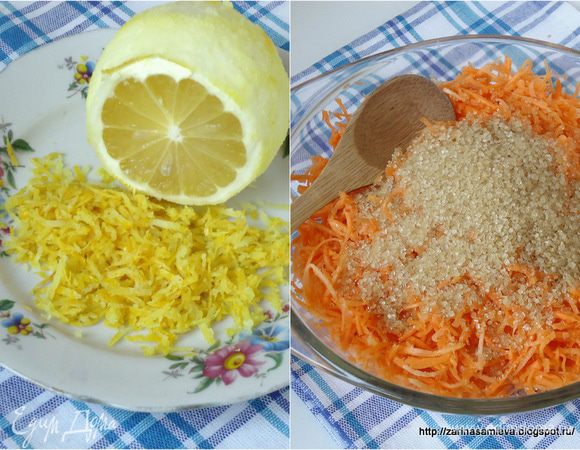 Для джема: Морковь натереть мелкой соломкой, смешать с коричневым сахаром. С лимона натереть цедру и выдавить сок.

