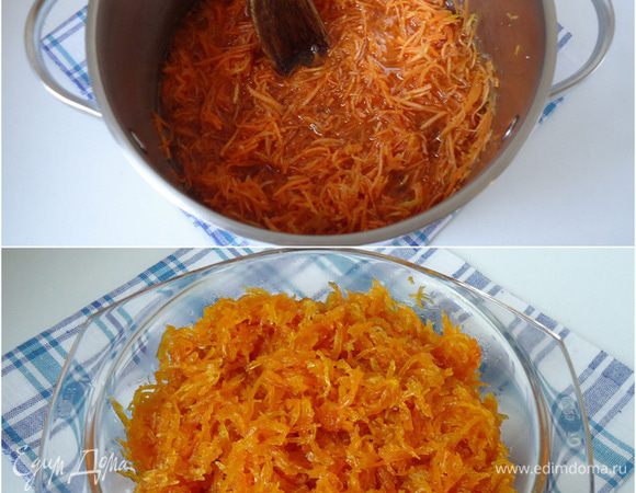 Все ингредиенты смешать в одной кастрюле. Кастрюлю поставить на огонь, довести смесь до кипения, огонь убавить на медленный.  Варить до готовности в течение 30 минут. За это время сироп уварится, а морковь станет прозрачной. Готовый джем переложить в стеклянную посуду и убрать в холод остывать.

