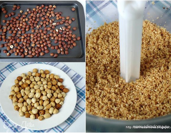 Для бисквита: Фундук обжарить в духовом шкафу. Снять с орехов шелуху. Затем орехи измельчить  в очень мелкую крошку.


