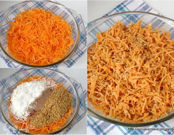 Морковь натереть мелкой соломкой, соединить с просеянной мукой, солью, корицей и разрыхлителем. Все хорошо перемешать руками, без помощи ложки, что бы сыпучие продукты, как бы обволакивали морковь и что бы, не было комков.