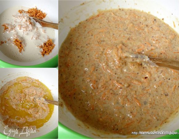 Соединить морковь с взбитыми яйцами, аккуратно перемешать. Затем добавить охлажденное масло и опять аккуратно перемешать.
