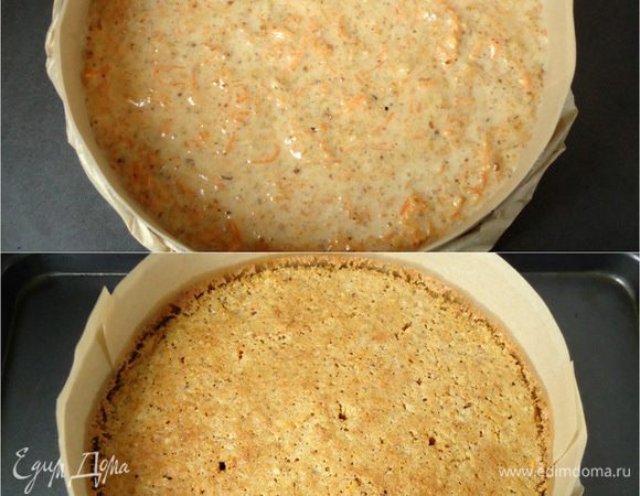 Выложить морковное тесто в форму d=20 см, я предварительно застелила дно и бока формы пекарской бумагой. Выпекать в заранее разогретой духовке при 180°С 40 минут. Готовность бисквита проверить деревянной шпажкой. Готовый бисквит вынуть из духовки и оставить прямо в форме на 10 минут. Затем бисквит извлечь из формы, перевернуть на решетку, снять с него бумагу и дать ему «отдохнуть» пару часов. 