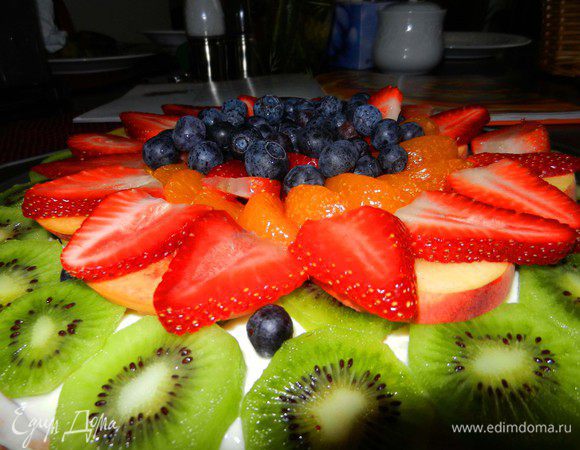 Распределите мягкие фрукты и ягоды (можно брать консервированные фрукты тоже) на ваше усмотрение, формируя красивый цветовой узор.

 