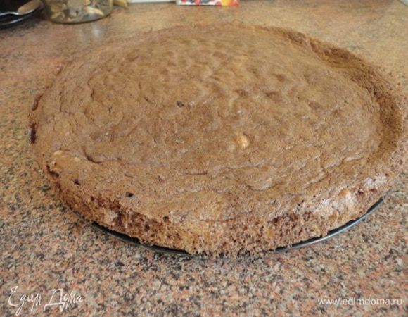 4.	Выпекать 30 – 35  минут (смотреть по своей духовке). Охлажденную основу разрезать на 4 части.
5.	Из 4 ч. ложек молотого кофе и 200 мл воды сварить кофе, остудить и замочить в нем желатин и, когда он набухнет, развести на водяной бане. Дать остыть. Сливки взбить с сахаром, охлажденный кофе влить, помешивая, тонкой струйкой.
6.	Пласты основы слегка пропитать сладким черным кофе ( у меня было 50 г черного кофе, смешанного с 50 г кофейного ликера), положить один на другой в разъемную форму, соединив их полу застывшим кремом. Поставить в холодильник.
