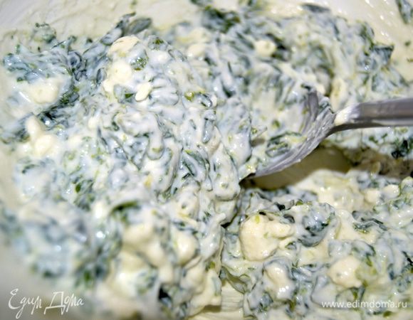 Шпинат нарезать,ошпарить кипятком.Отжать и смешать с творогом.Посолить,поперчить.