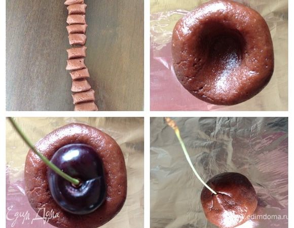 Пока работаем с одним видом теста, другое положите в холодильник.
Из теста формируем колбаску, которую делим пополам, затем каждую еще пополам и еще и еще раз. В итоге получим 16 равных частей.  Из кусочков катаем шарики, делаем углубление посередине и кладем туда черешню хвостиком вверх. Облепливаем тестом ягодку, формируя круглую форму. Тесто очень податливое и делать это очень легко.