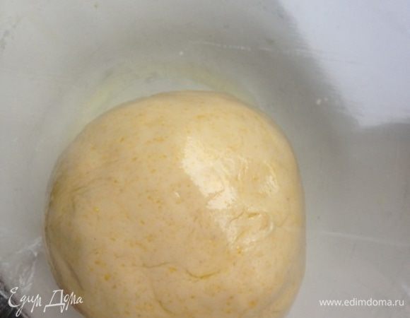 Нальем на дно миски 1 чайную ложку оливкового масла и поместим туда шар теста, несколько раз перевернув его и обмакнув в масле со всех сторон. Накроем пищевой пленкой и поставим для подъема в теплое место на 1 час.