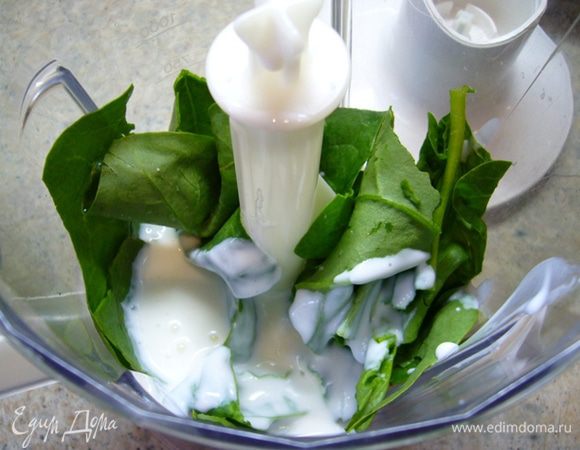 Шпинат вымыть, высушить, сложить в блендер, залить кефиром, взбить.