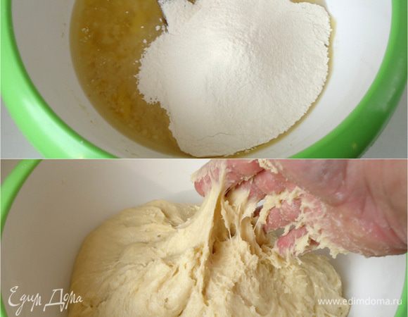растительное масло. Перемешать. Все продукты должны быть комнатной температуры. Муку просеять. Замесить тесто, хорошо вымесив его руками. Тесто будет немного липким, но уже отстает от рук.