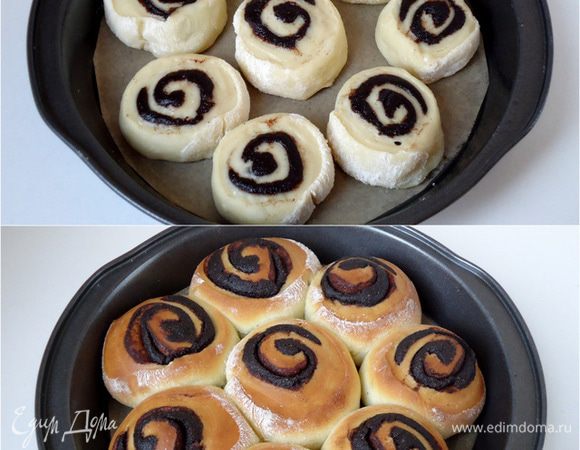 Выложить заготовки на противень или в форму, застеленную пекарской бумагой смазанной маслом. Дать плюшкам подняться в течение 30 минут. Выпекать в заранее разогретой духовке при 180°С 20-25 минут.