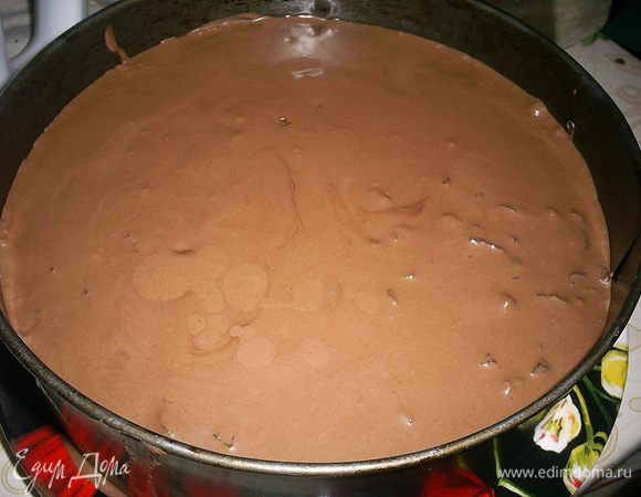 Кладем пропитанный пласт бисквита на блюдо, заключаем его в кулинарное кольцо или бортик разъемной формы, в которой выпекался бисквит. Сверху выкладываем сметанный крем-мусс и отправляем в холодильник на ночь. 