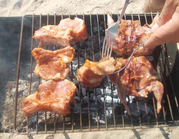 Готовить мясо по рецепту, но очень советую это делать на костре, чтобы мясо впитало в себя ароматы костра и дыма.