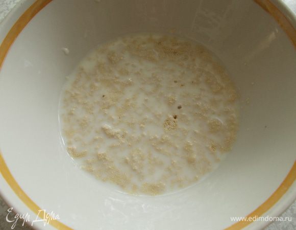 Дрожжи высыпаем в емкость, добавляем 1 чайную ложку сахара и молоко. Очень важно, что бы молоко было ни холодное и не горячее, а именно теплое, что бы активировать дрожжи. Оставляем на 15 мин.