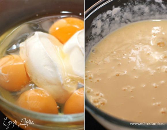 Яйца смешать со сметаной. Сыр нарезать кубиками со стороной 1 см. Когда капустная начинка остынет, смешать с ней сыр и яйца.