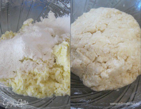 Просеять муку и соду, перемешать.
Замесить тесто.
* Если тесто будет совсем мягким, добавьте еще муки.
