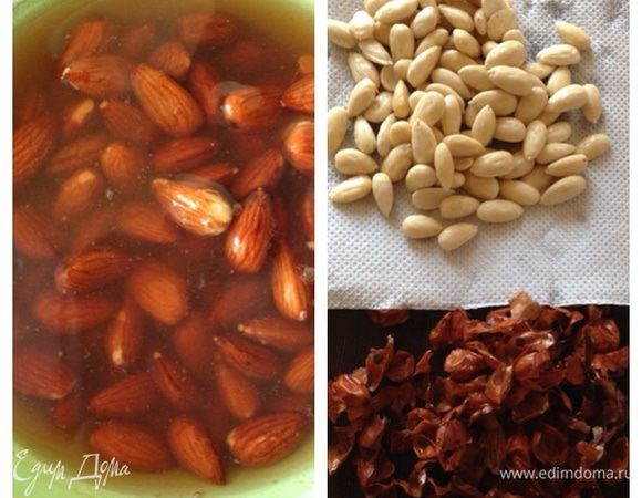 Для начала обработаем миндаль. Не удивляйтесь, что на фото его много, он шел к основному десерту, а конфеты - это уже дополнение.
Зальем его кипятком минут на 5-10, затем воду сольем и еще раз зальем кипятком. Дадим постоять пару минут. Теперь кожица с легкостью отойдет. Очистим орехи и просушим их на сухой сковороде. 