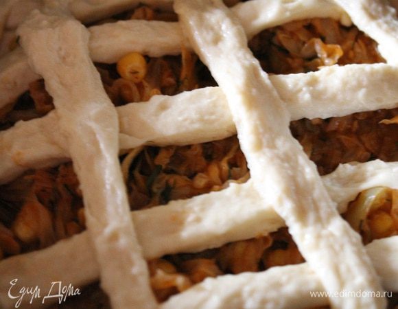 Выкладываем начинку, равномерно распределяя ее. Из оставшегося теста делаем решетку. И отправляем наш пирог в заранее разогретую до 190 градусов духовку, на 20-30 минут.