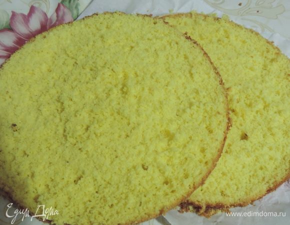 Остывший бисквит разрезаем на две части.