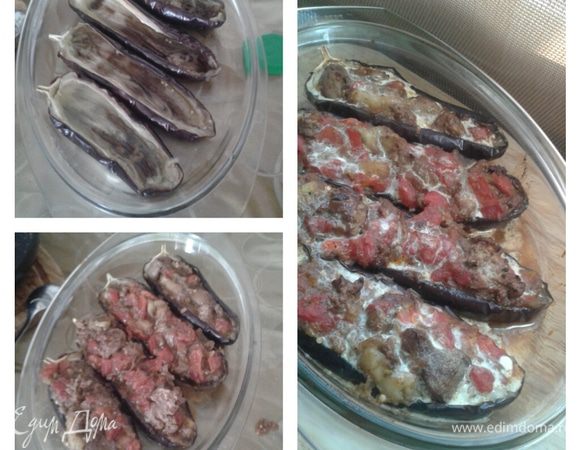 Получившейся массой фаршировать половинки баклажана. 