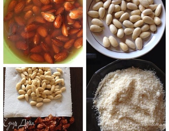 А теперь чизкейк!!
Для начала обработаем миндаль. Зальем его кипятком минут на 5-10, затем воду сольем и еще раз зальем кипятком. Дадим постоять пару минут. Теперь кожица с легкостью отойдет. Очистим орехи и просушим их на сухой сковороде. Половину измельчим в блендере, а половину оставим на конфеты. Я брала 100 грамм миндаля и этого оказалось очень много, поэтому в ингредиентах я указала 50 грамм. Орехами я занималась днем ранее, чтобы не тратить на них время.