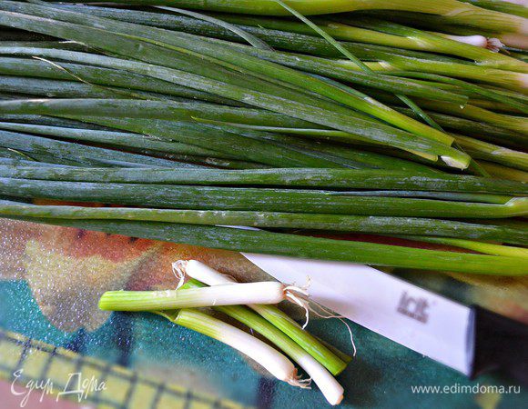 Нарезаем зелёный лук (белая часть лука нам не понадобится). Всё перемешиваем в миске, добавляем соль, чёрный молотый перец. По желанию можно дополнительно в начинку вбить 1 небольшое сырое яйцо.