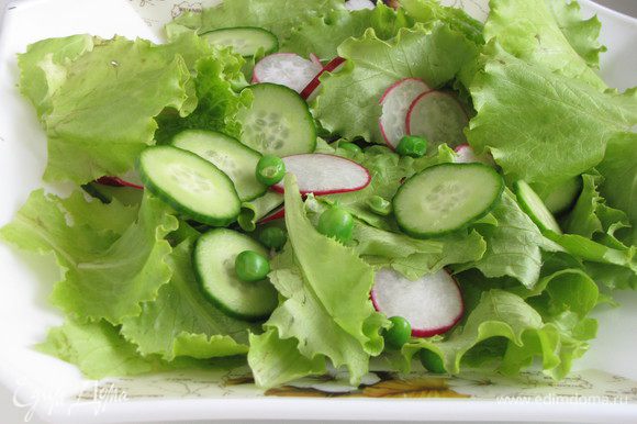 На большое блюдо выложить салатные листья, горошек, огурцы и редис. Перемешать.
