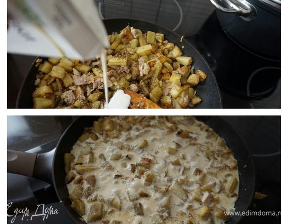 Когда баклажаны поджарятся, солим, перчим, добавляем сметану или сливки (какой вкус больше нравится)  тушим  под крышкой еще минут  5. ( У меня с вечера осталась кусочки жареной курочки , я решила , что в этом блюде они очень даже будут уместны, добавила в конце жарки «Жульен с курицей» готов! 