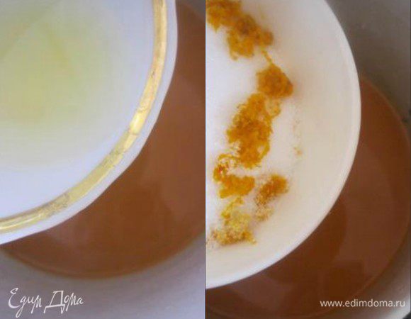 В кастрюлю влить морковный сок.
Добавить сок лимона, сахар и цедру апельсина и лимона.