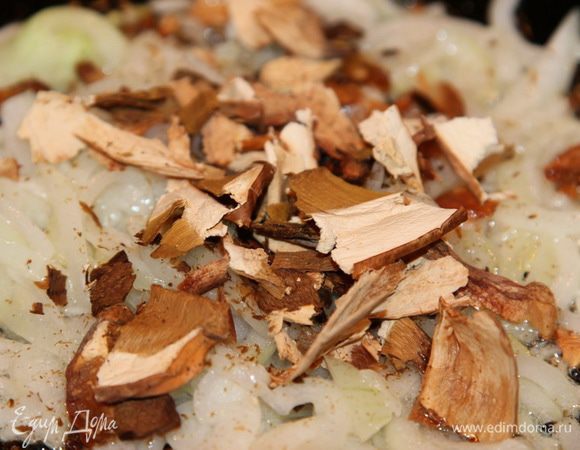 Лук очищаем и пассеруем на растительном масле, добавляем сухие грибы.