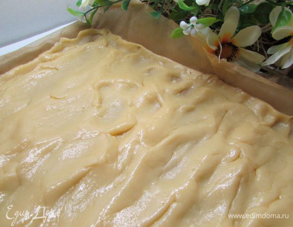 Противень (35×32) застелить пекарской бумагой. смазать растительным маслом. Выложить тесто и размазать его руками или ложкой по поверхности.