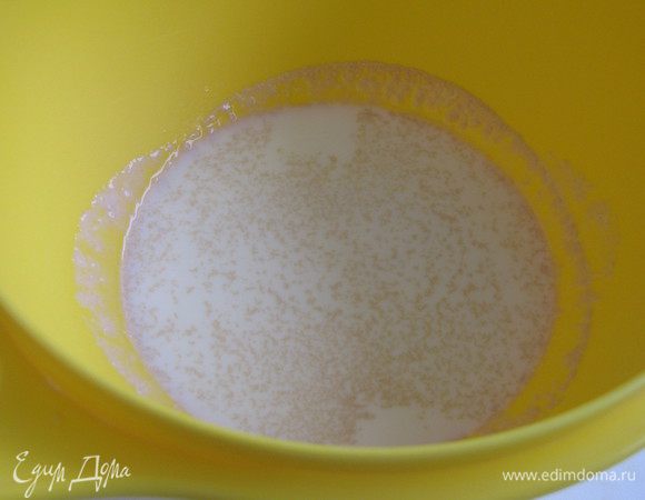 Дрожжи развести в теплом молоке и оставить на 10 минут в теплом месте.