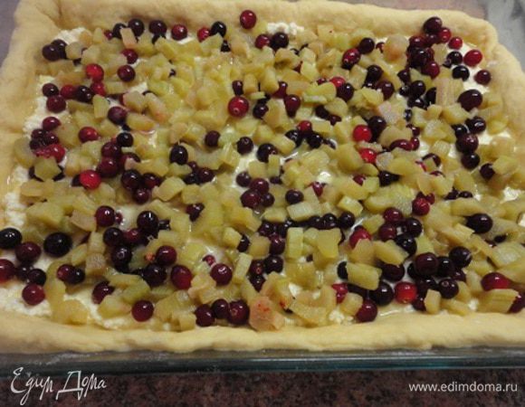 Творог смешать с яйцами, сахаром, цедрой половины лимона и ванилью. 
Приготовить посыпку. Смешать все ингредиенты и перетереть руками в крошку.
Подошедшее тесто еще раз вымесить и раскатать на посыпанном мукой столе. Противень смазать маслом и выложить тесто, формируя бортики. Посыпать крахмалом и выложить творожную массу. С ревеня слить сироп и выложить его на творог. 