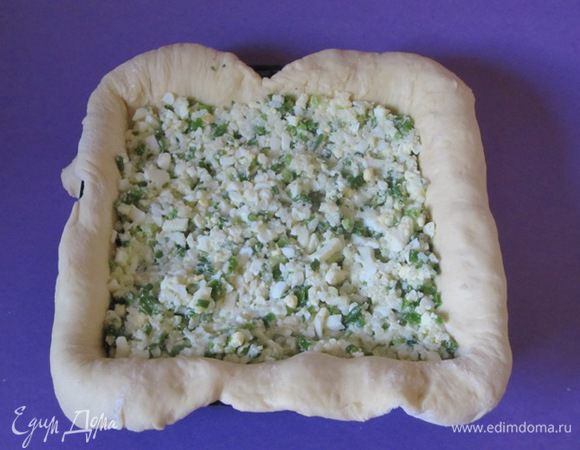 Тесто разделить на 2 части. Большую часть теста раскатать, выложить в форму. Разложить начинку.