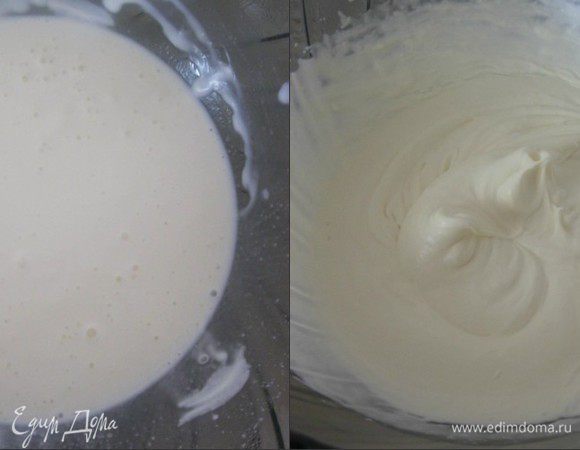 Охлажденные сливки взбить до пиков.
