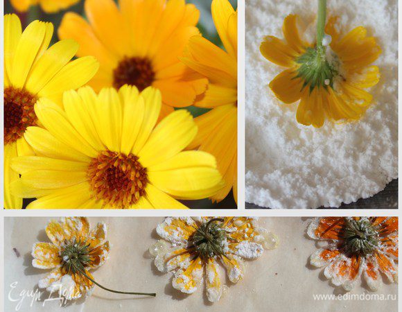 Кого заинтересует, расскажу как делала цветочки для украшения. 
Сорванную календулу на ножках заранее промыла, поставила в воду и оставила обсыхать. 
Когда взбивала белки отложила 1 столовую ложку. Затем окунала цветочки во взбитые белки и обсыпала их сахарной пудрой. Лишнее стряхнула. 
Выложила цветочки на пергамент и минут за 5 до окончания выпекания пирога поместила цветочки в духовку.
Оставила их там до полного охлаждения духовки. Цветочки хорошо схватились и не подгорели.
Украсила ими готовый пирог!!!