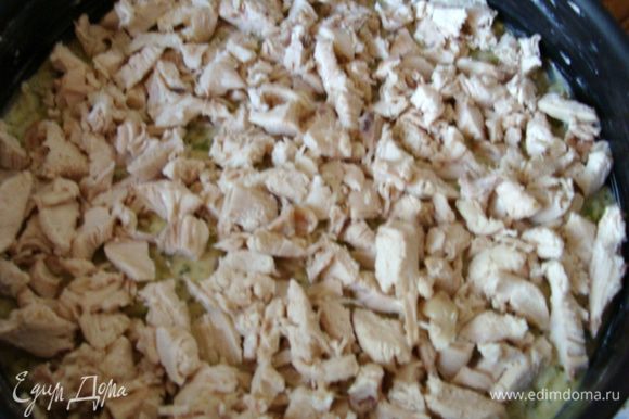 Разъемную форму смазать сливочным маргарином. Вылить тесто, разровнять, сверху распределить равномерно куриную грудку.