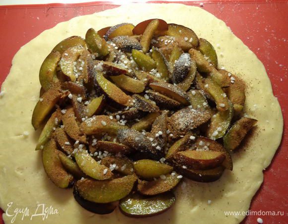 Присыпаем сахаром (простым и ванильным), а также корицей. Я еще дополнительно добавила немного крупного сахара, т.к. слива у меня кисленькая. Вы можете отрегулировать количество сахара под свой вкус, а также под используемый сорт слив.