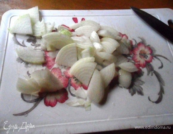 Репчатый лук очистить. Нарезать четвертинками колец.