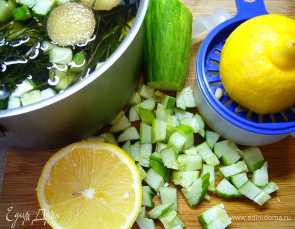 Тархун вымыть, высушить. Слегка размять толкушкой.
Выложить в напиток, убрать в холодильник.
Огурцы порезать кубиками. Из лимонов выжать сок.
