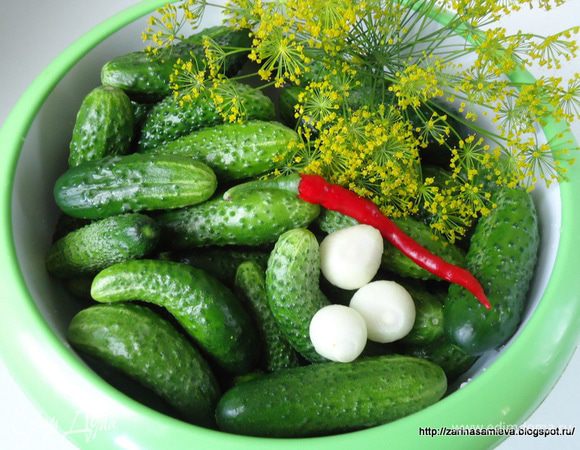 Огурцы, укроп, перец  промыть. Лук очистить. Если нет маленьких головок лука, а нам необходимы именно такие, то можно взять большую головку и разрезать на пластины.
