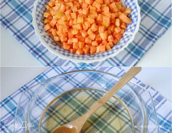 Для цукатов в сиропе: Морковь промыть и очистить, нарезать кубиком. В кастрюльке смешать сахар с водой и сварить сироп.