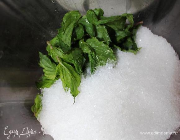 С вымытой и обсушенной мяты (у меня был большой пучок, веточек на 15) оборвем листочки и измельчим их в блендере вместе с сахаром, соком лайма и ромом  (по желанию) до однородной кашицы.
Не забудьте оставить немного мяты для украшения.