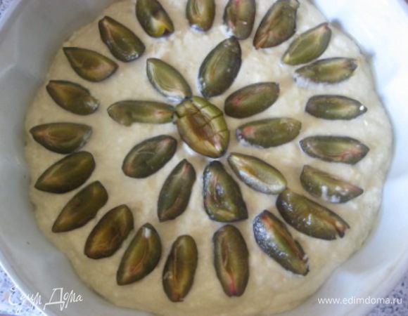 Разогреть духовку до 180 С..
Форму ( 26 см) смазать маслом.
Выложить тесто в форму.
Выложить поверх теста сливы.
Выпекать 40-45 минут, до сухой спички.