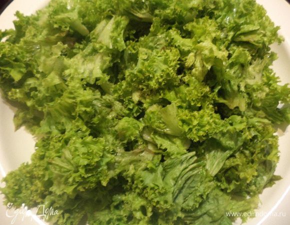 Салат вымыть, высушить, порвать руками и выложить на плоское блюдо.