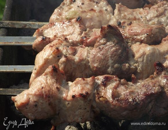 Шашлык румянится на глазах, а жар углей усиливает аромат мяса. Еще 5–7 минут и шашлык можно будет подавать. Киви не придает мясу дополнительный вкус, а только размягчает. Этот маринад для шашлыка без уксуса отлично подойдет для спонтанного пикника.