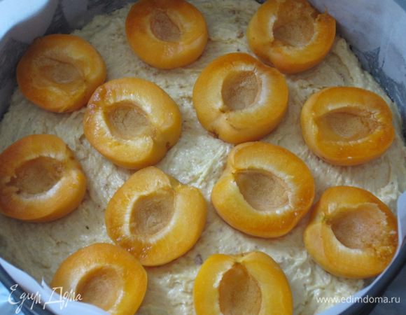 Выложить тесто в форму (диаметр 24 см) с пергаментом и разровнять поверхность.Сверху разложить половинки абрикосов срезом вверх и выпекать в разогретой до 180 ° С духовке 40 минут.