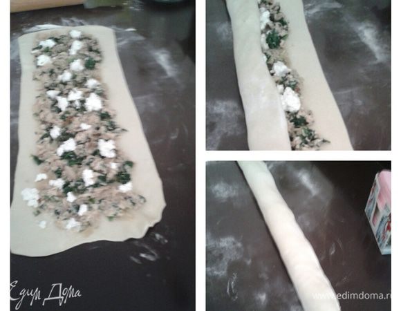  Выкладываем на него начинку, сверху сыр, сворачиваем  рулетом.