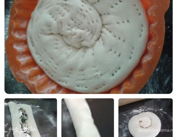 Затем улиткой. Перекладываем в форму, вилкой сделаем дырочки, чтоб выходил лишний пар, ставим в разогретую до 180 градусов духовку на 40 минут. Приятного аппетита!